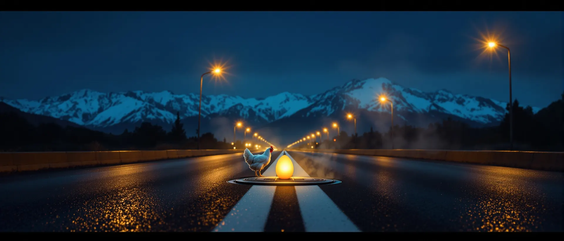 Una gallina en una avenida mojada de Santiago de noche, con los Andes al fondo y un huevo dorado en el asfalto