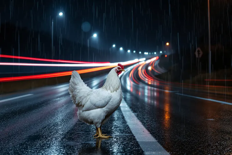 Una gallina en una autopista mojada de noche con estelas de luces