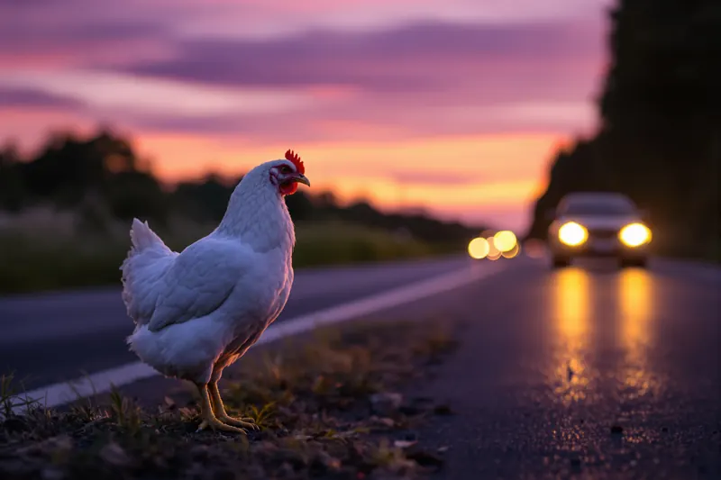 Una gallina al borde de una carretera con autos al anochecer